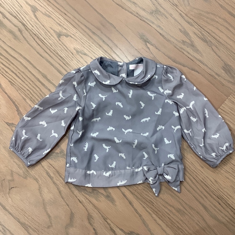 Janie and Jack Gray Blouse with White Fox Print and Bow